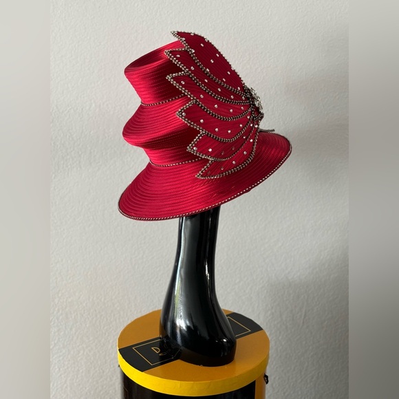 Donna Vinci Couture Red Two Tier Hat with Rhinestones - Picture 6 of 13